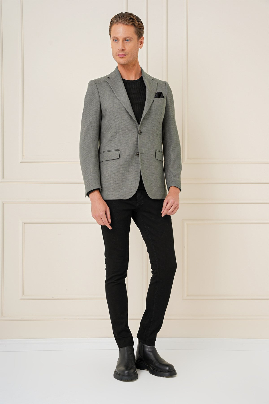 Slim Fit Yünlü Örgü Dokuma Çift Yırtmaç Haki Ceket C 685