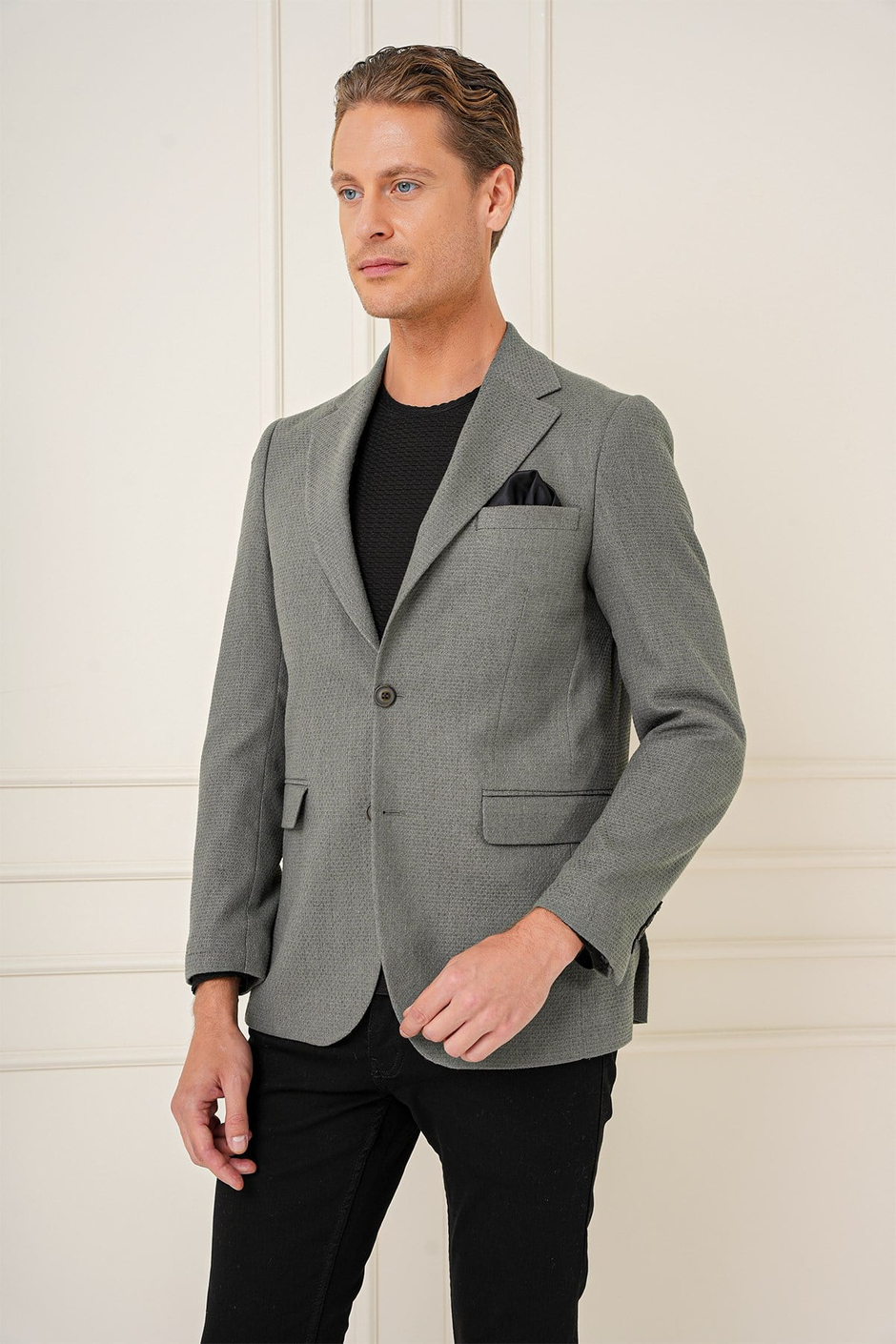 Slim Fit Yünlü Örgü Dokuma Çift Yırtmaç Haki Ceket C 685