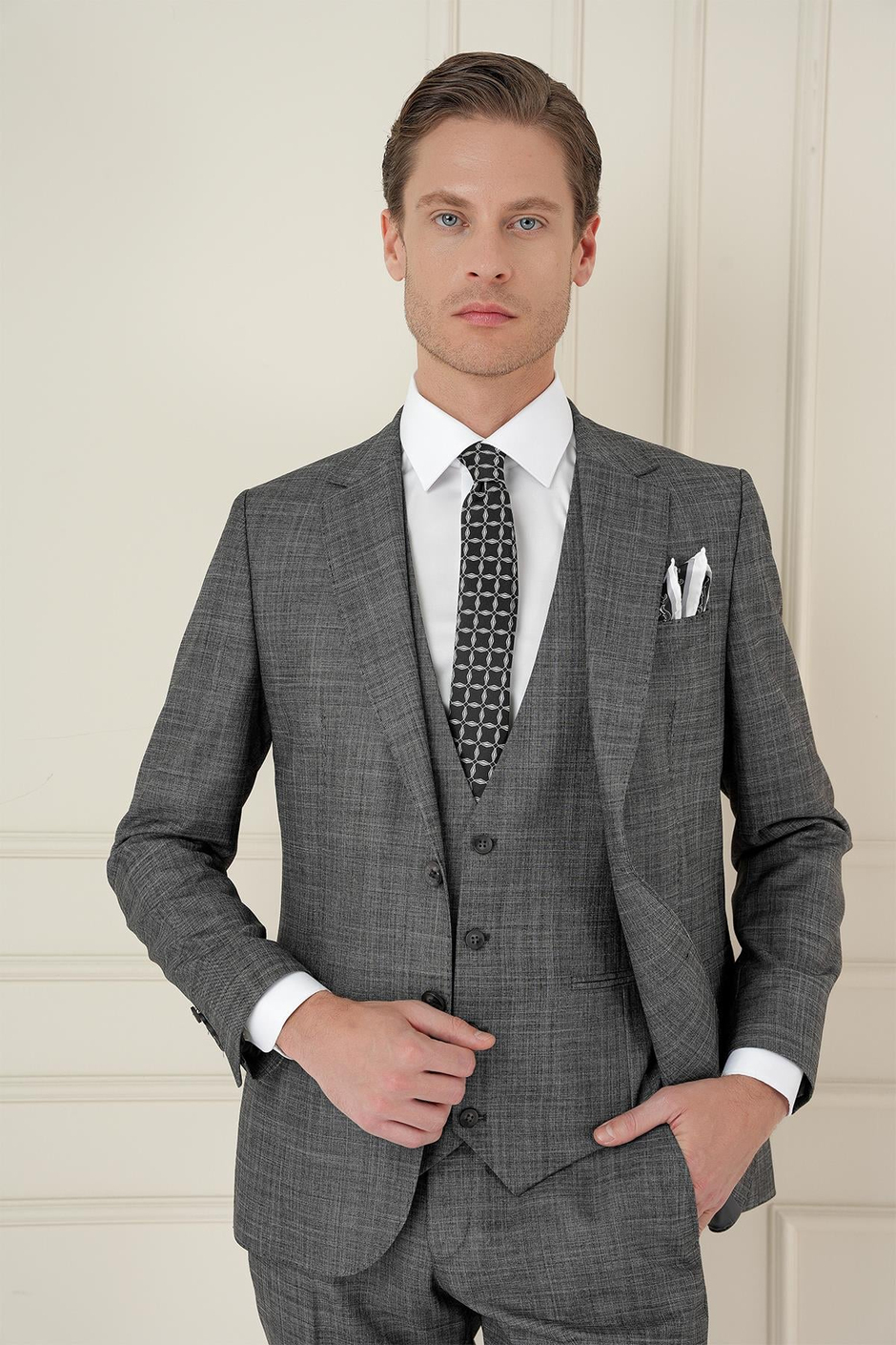 Slim Fit Kırçıllı Dokuma Yünlü Antrasit Yelekli Takım Elbise TK 906