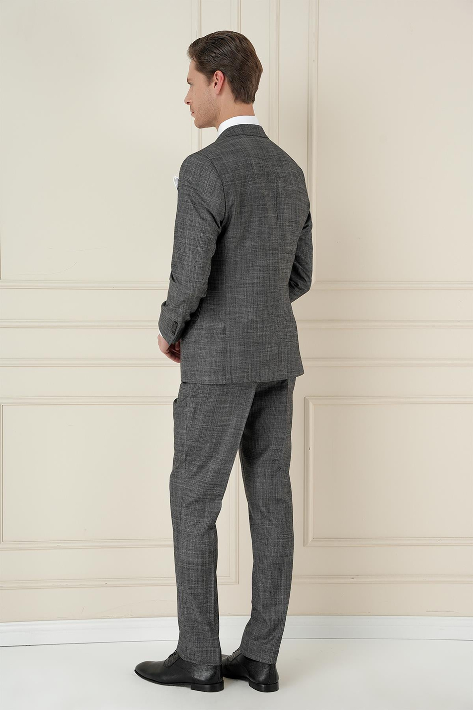 Slim Fit Kırçıllı Dokuma Yünlü Antrasit Yelekli Takım Elbise TK 906