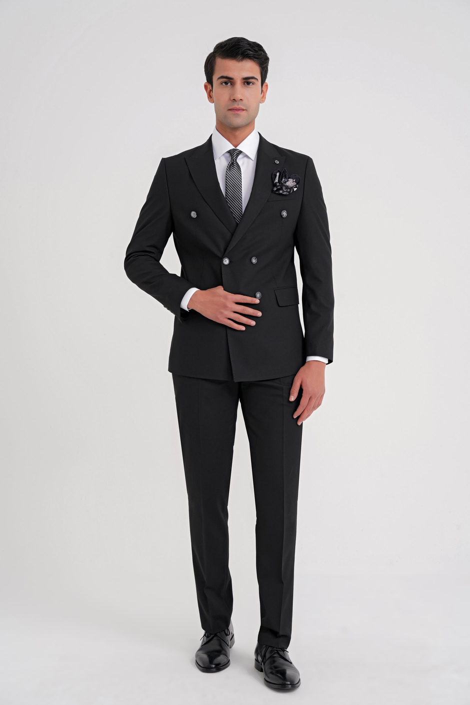 Slim Fit Çift Yırtmaç Yünlü Esnek Düz Siyah Kruvaze Takım Elbise TK 920