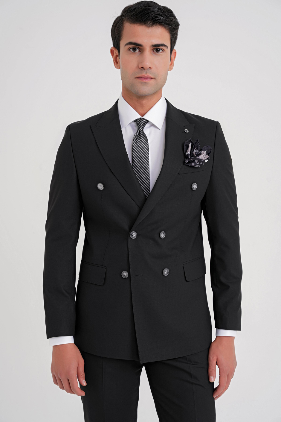 Slim Fit Çift Yırtmaç Yünlü Esnek Düz Siyah Kruvaze Takım Elbise TK 920