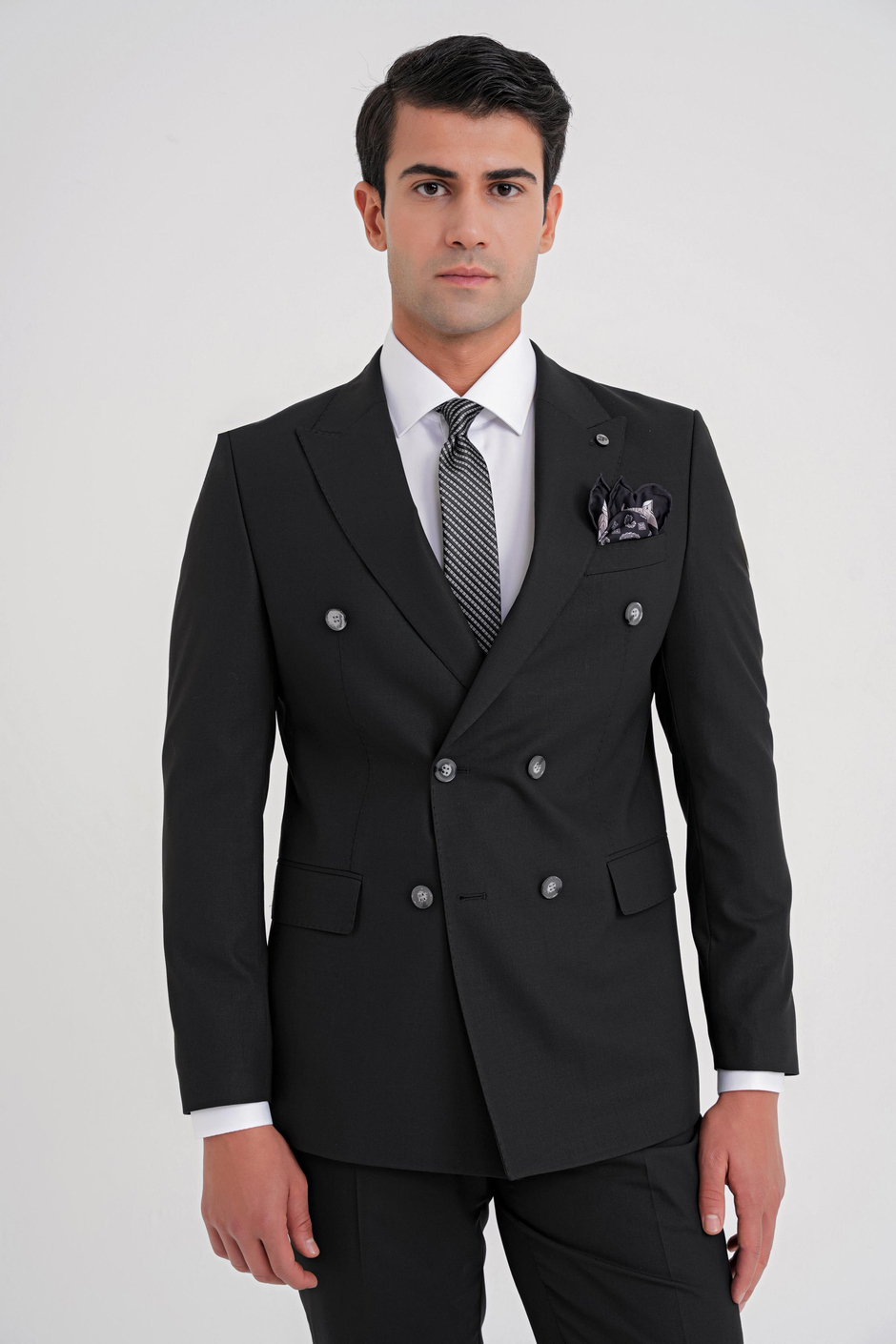 Slim Fit Çift Yırtmaç Yünlü Esnek Düz Siyah Kruvaze Takım Elbise TK 920