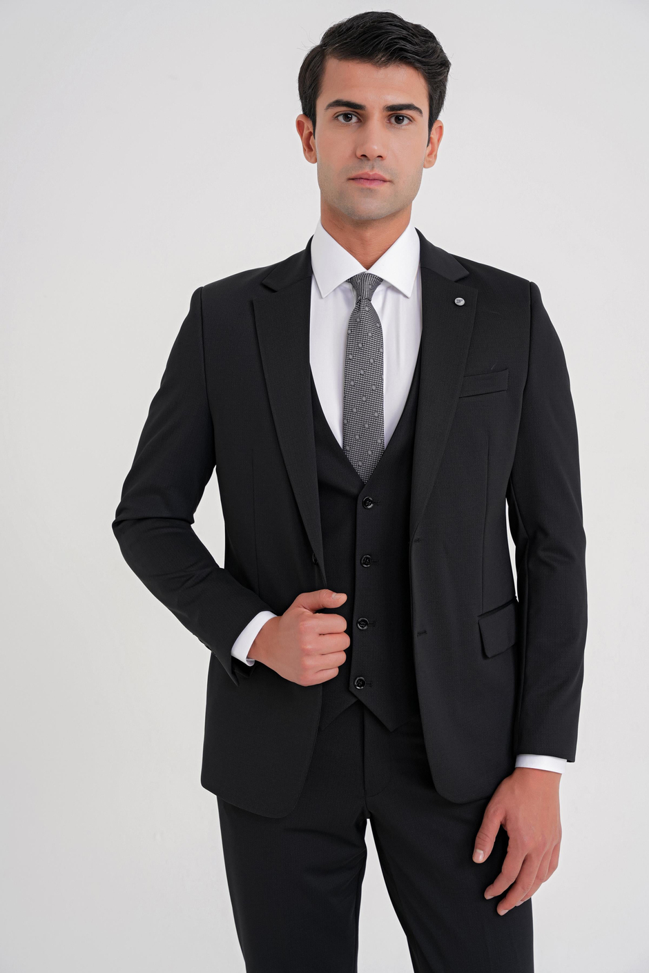 Slim Fit Çift Yırtmaç Doku Desenli Esnek Siyah Yelekli Takım Elbise TK 927