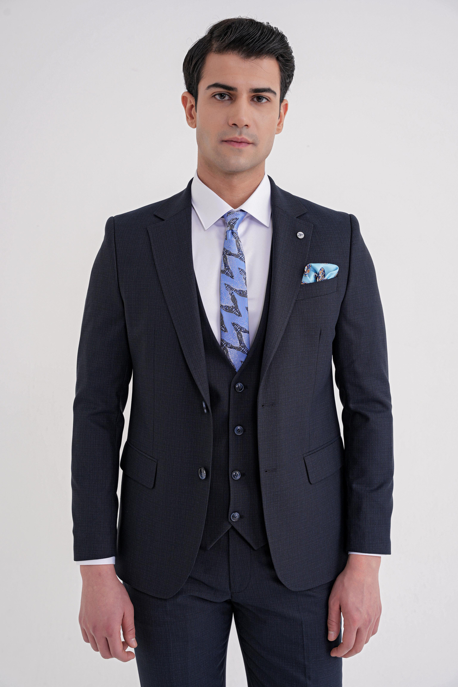 Slim Fit Mono Yaka Çift Yırtmaç Armürlü Esnek Yünlü Lacivert Yelekli Klasik Takım Elbise TK 933