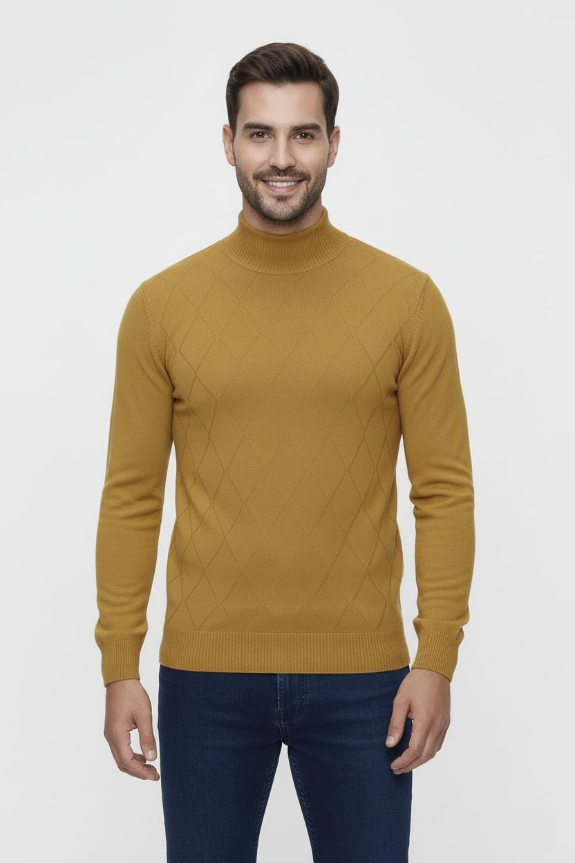 Slim Fit Baklava Desenli Camel Yünlü Yarım Balıkçı Triko Kazak TR 838