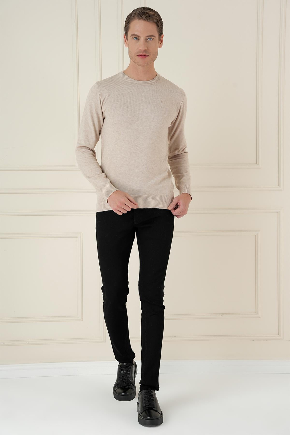 Slim Fit Ribanalı Düz Bej Yünlü Bisiklet Yaka Triko Kazak TR 875