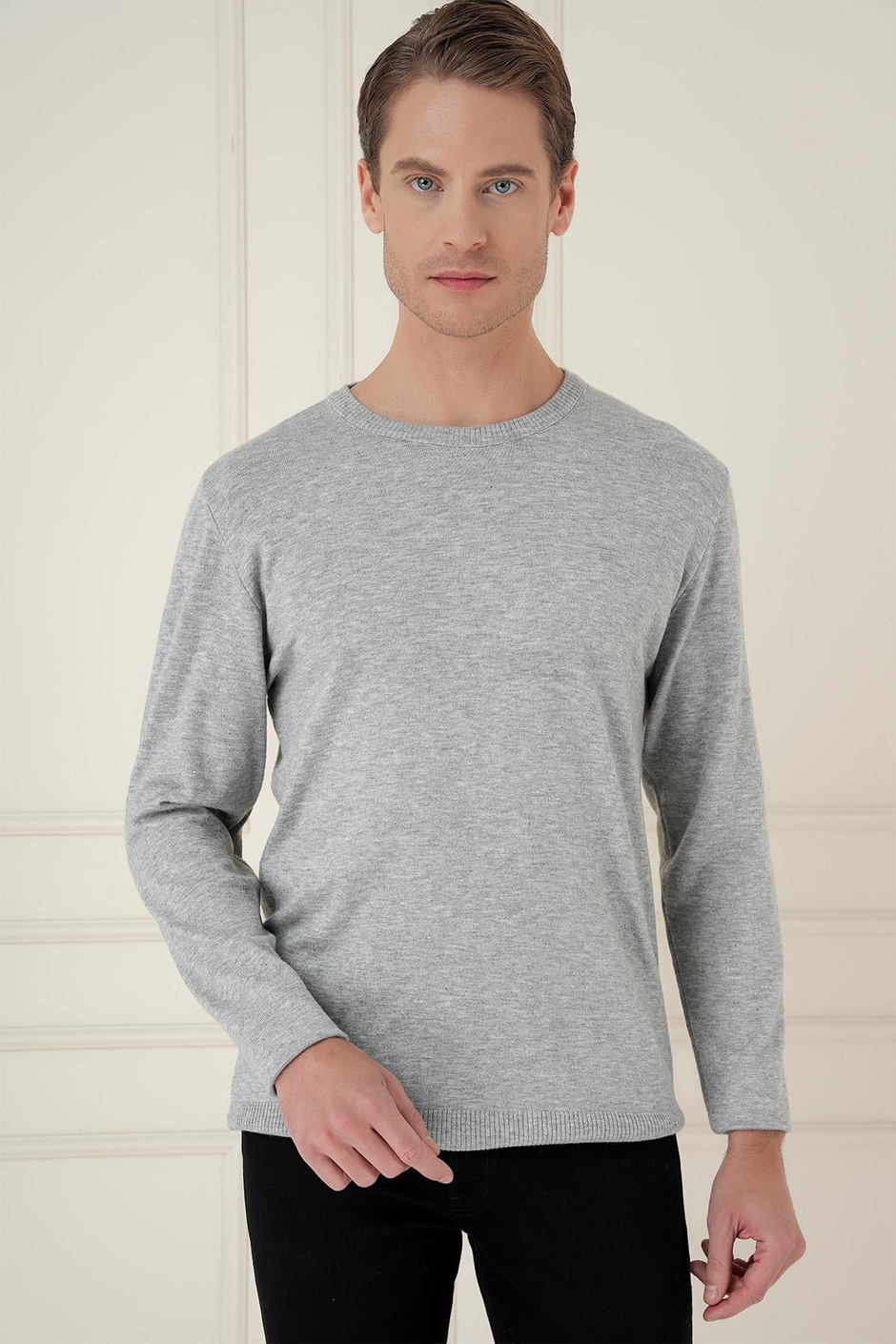 Slim Fit Ribanalı Düz Gri Yünlü Bisiklet Yaka Triko Kazak TR 875