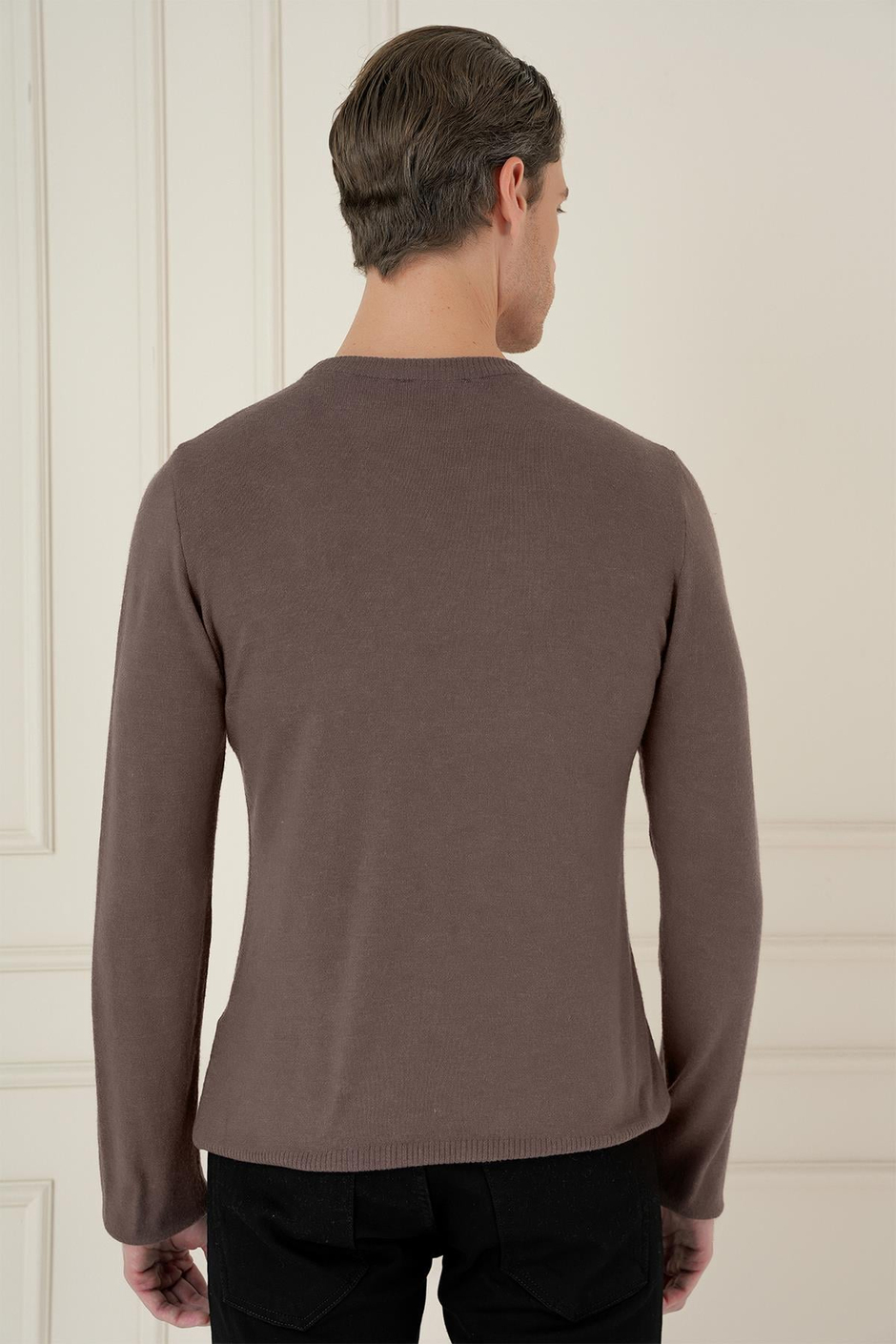 Slim Fit Ribanalı Düz Vizon Yünlü Bisiklet Yaka Triko Kazak TR 875