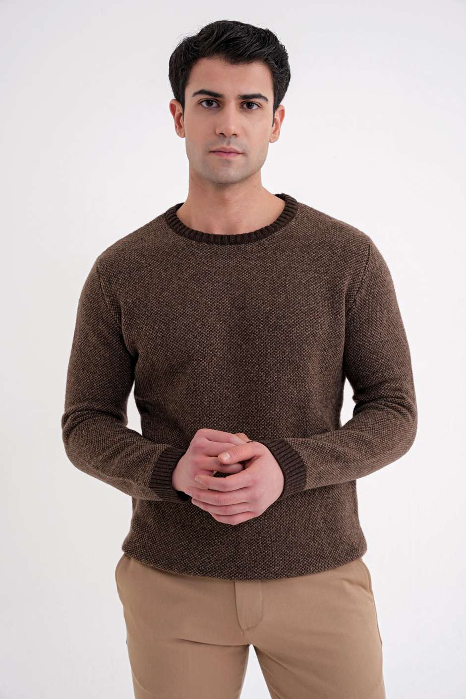 Slim Fit Renkli Ribanalı Kahverengi Vizon Yünlü Bisiklet Yaka Triko Kazak TR 890