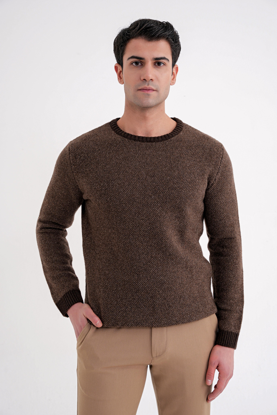 Slim Fit Renkli Ribanalı Kahverengi Vizon Yünlü Bisiklet Yaka Triko Kazak TR 890