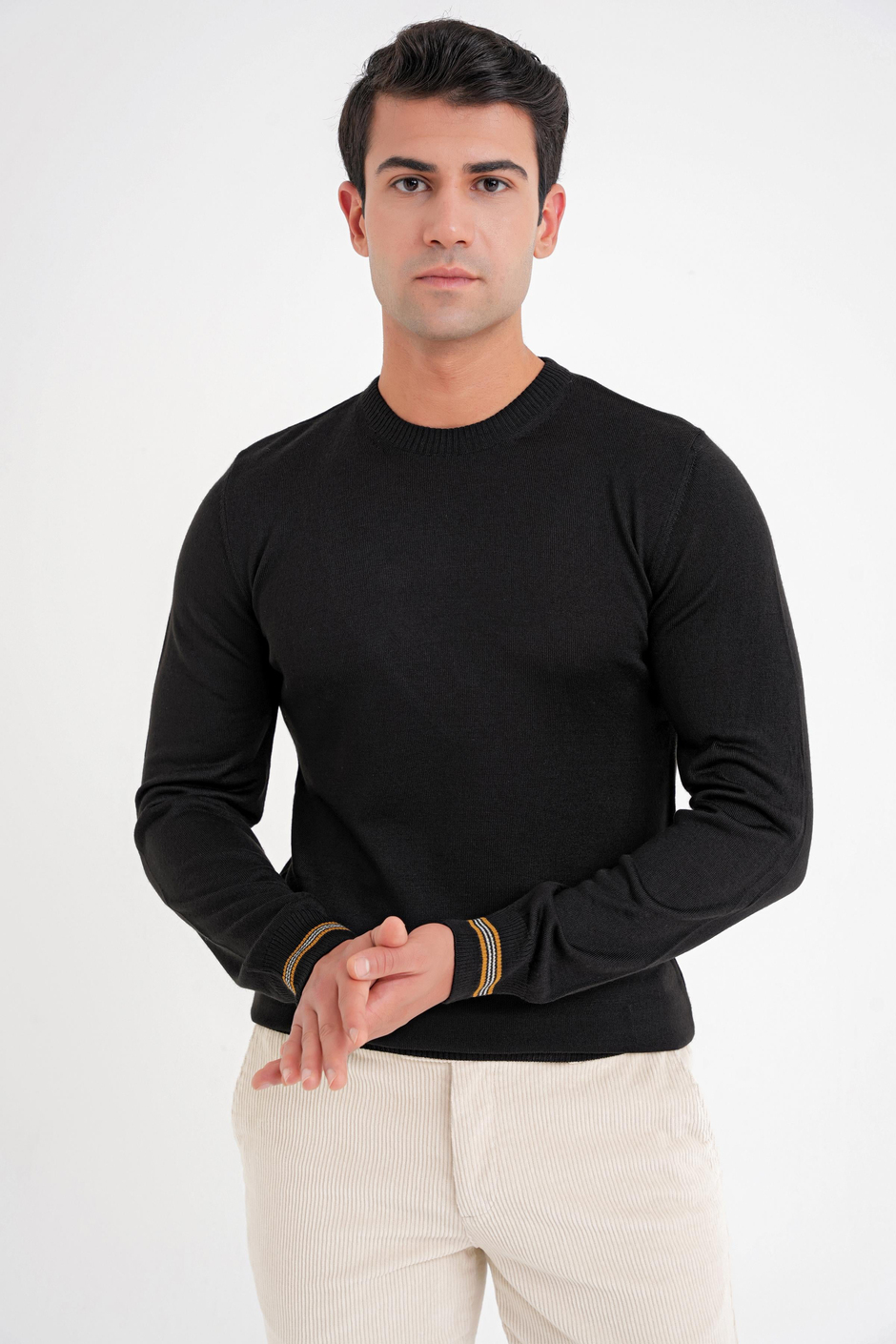 Slim Fit Desenli Ribanalı Siyah Yünlü Bisiklet Yaka Triko Kazak TR 894