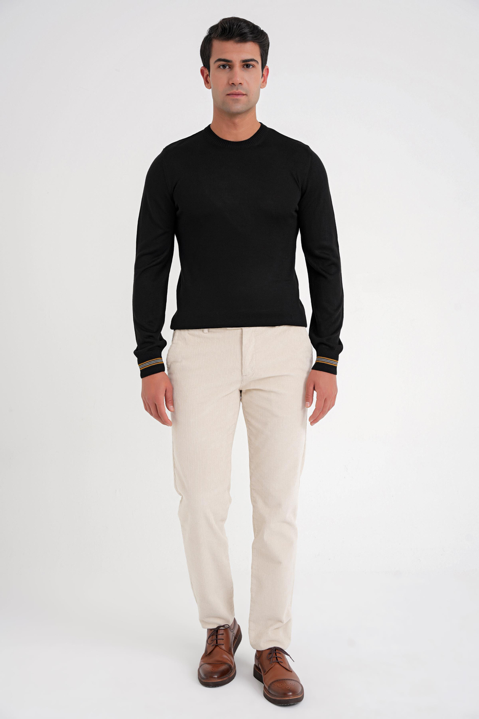 Slim Fit Desenli Ribanalı Siyah Yünlü Bisiklet Yaka Triko Kazak TR 894