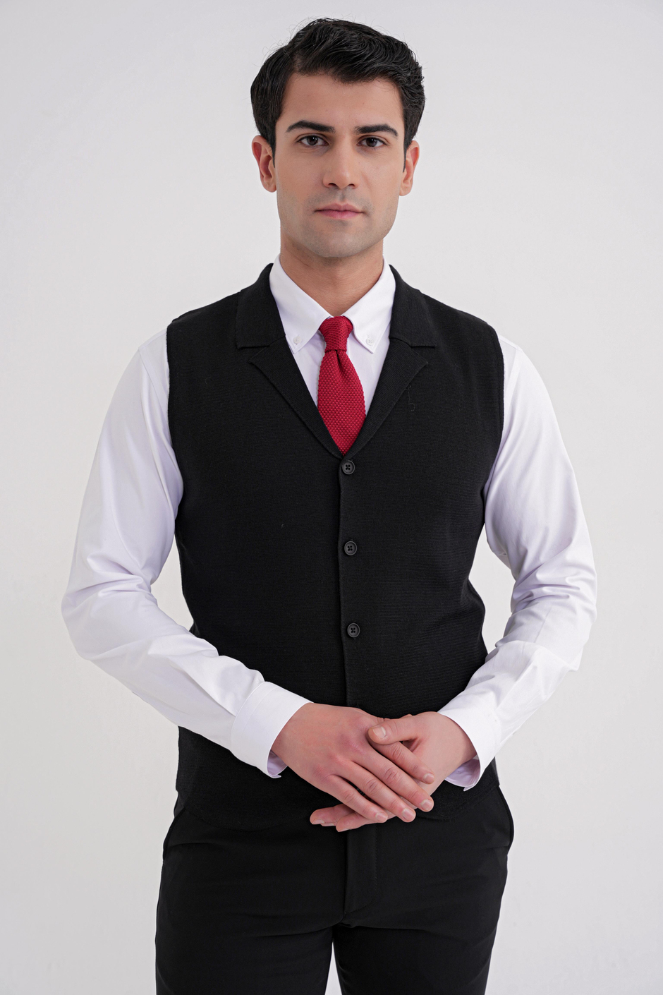 Slim Fit Ceket Yaka Düğmeli Siyah Yünlü Triko Yelek TRY 012