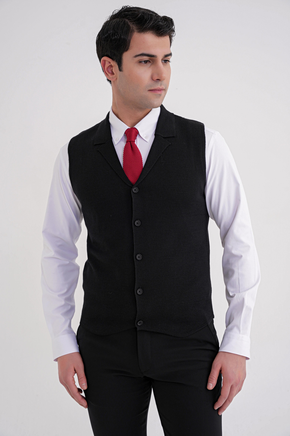 Slim Fit Ceket Yaka Düğmeli Siyah Yünlü Triko Yelek TRY 012