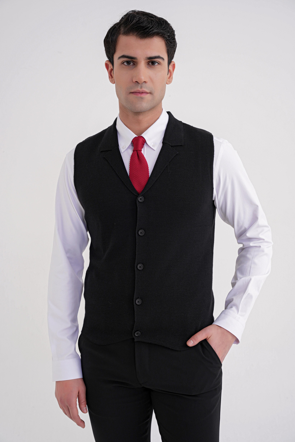 Slim Fit Ceket Yaka Düğmeli Siyah Yünlü Triko Yelek TRY 012