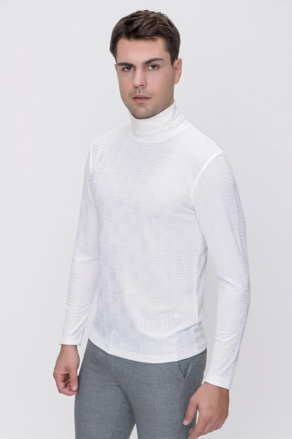 Slim Fit Doku Desenli Balıkçı Yaka Pamuklu Uzun Kollu Ekru Tişört TS 775