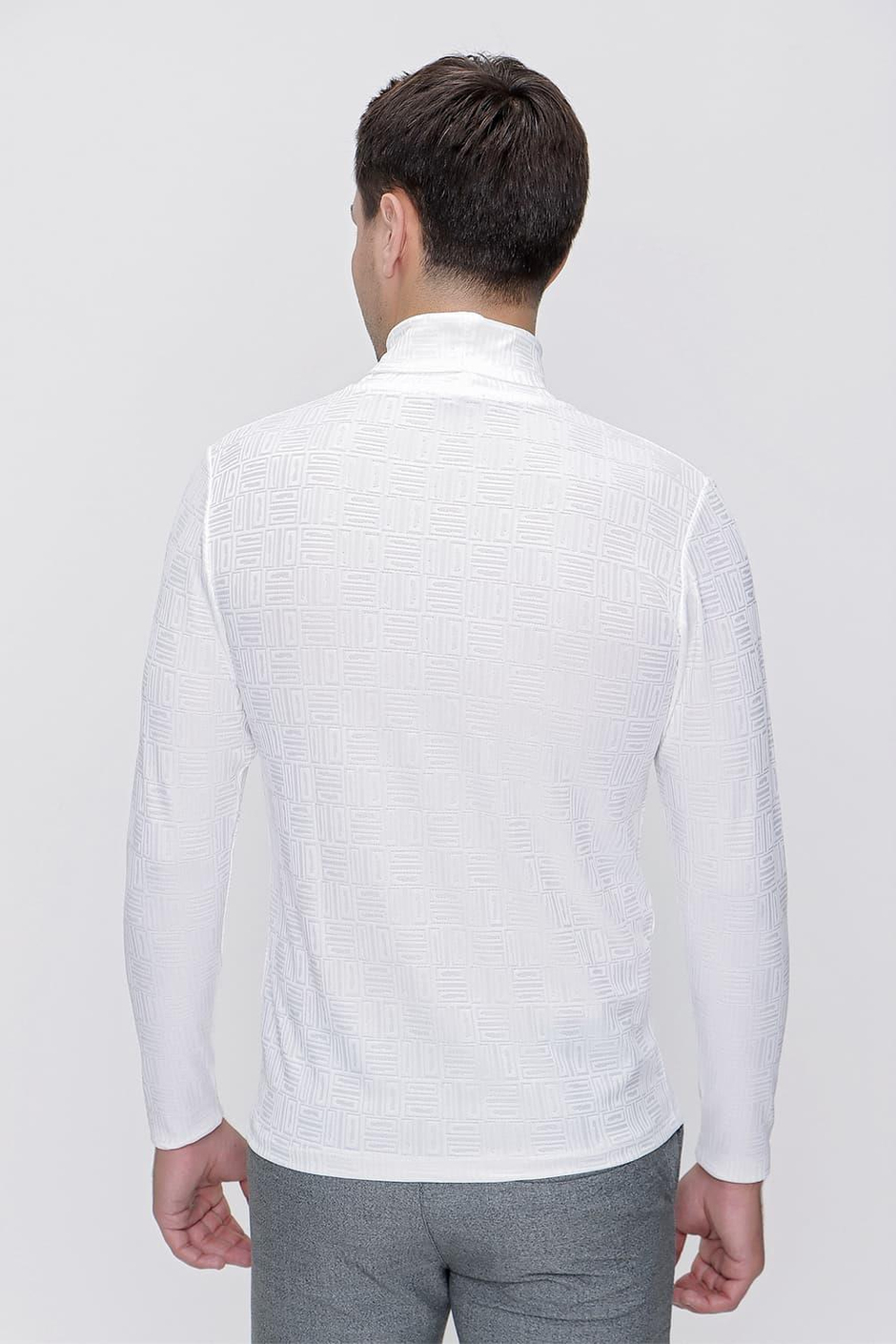 Slim Fit Doku Desenli Balıkçı Yaka Pamuklu Uzun Kollu Ekru Tişört TS 775