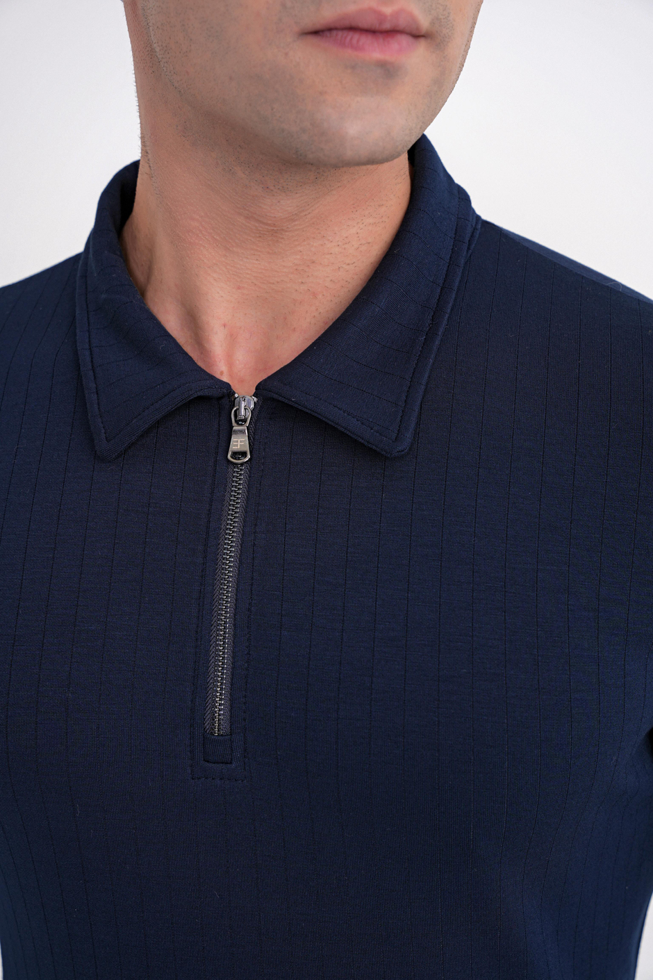 Comfort Fit Pamuklu Fermuarlı Polo Yaka Uzun Kollu Lacivert Tişört TS 919