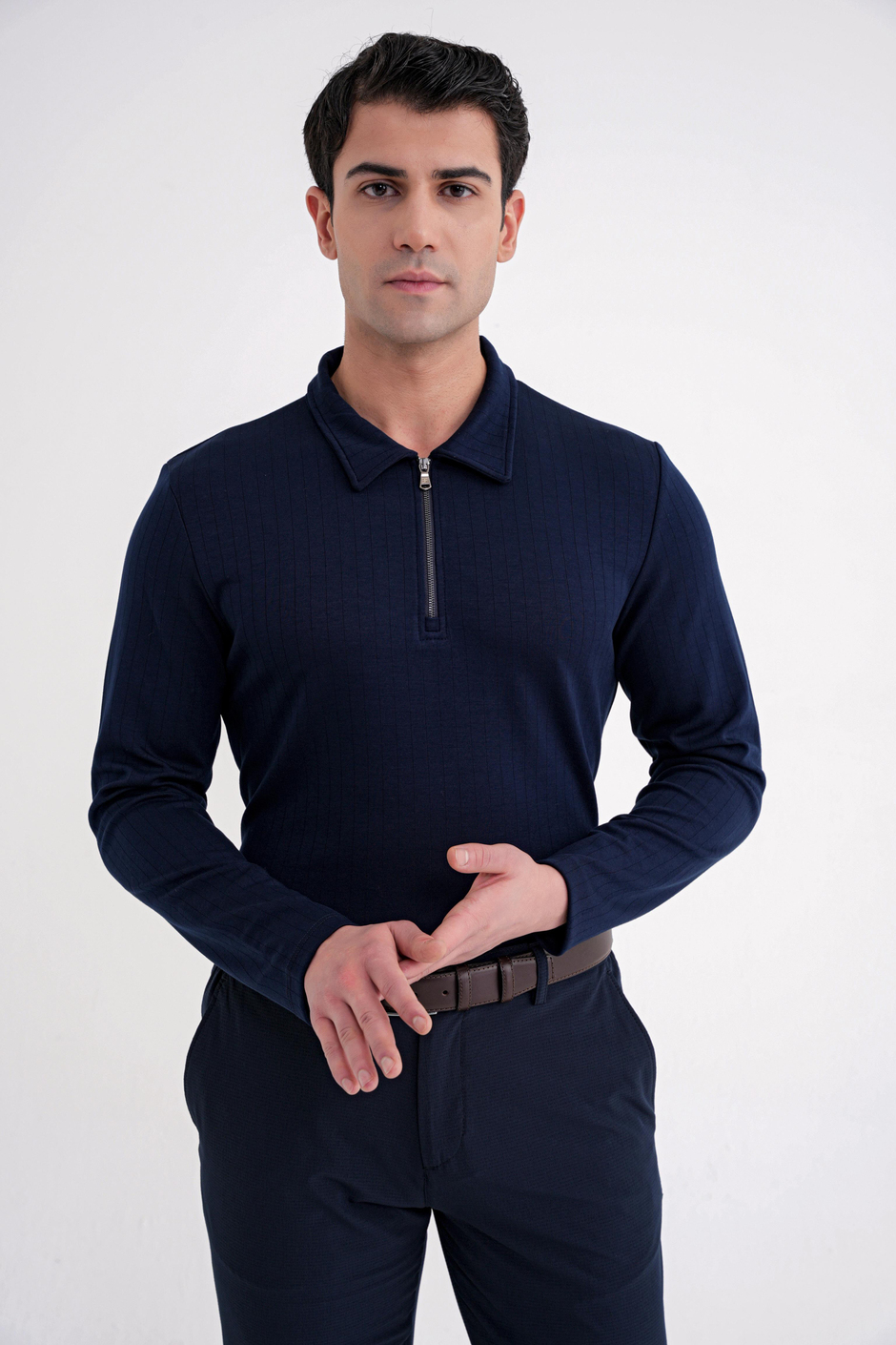 Comfort Fit Pamuklu Fermuarlı Polo Yaka Uzun Kollu Lacivert Tişört TS 919