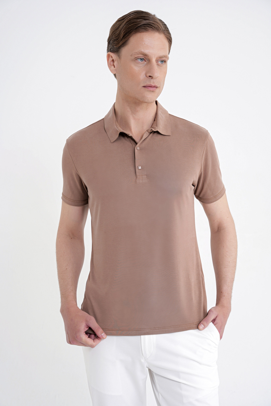 Slim Fit Modal Kumaş Vizon Çıtçıtlı Polo Yaka Tişört TS 923