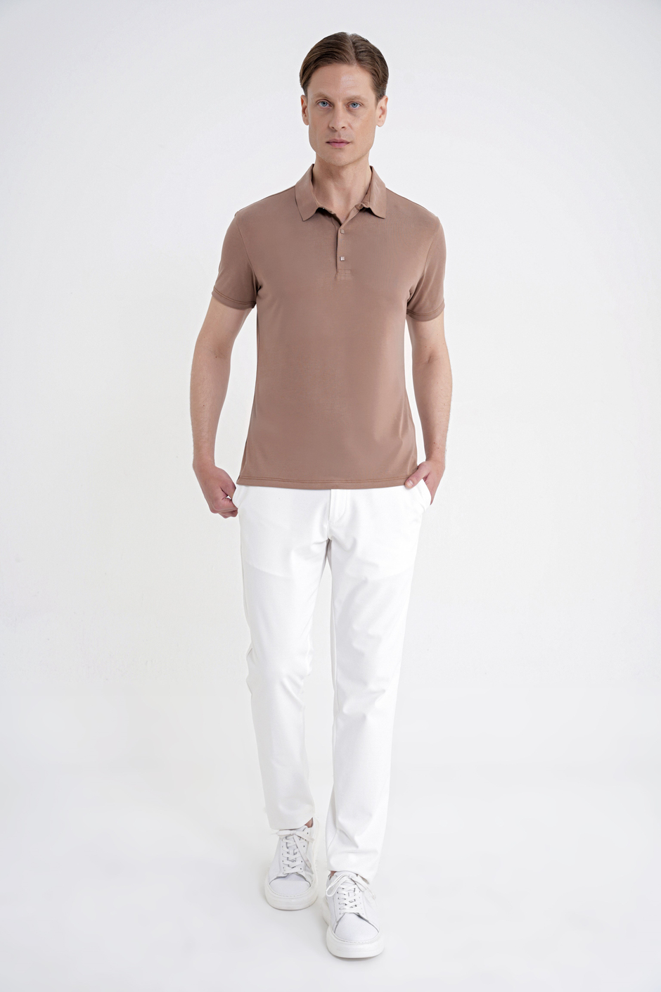 Slim Fit Modal Kumaş Vizon Çıtçıtlı Polo Yaka Tişört TS 923
