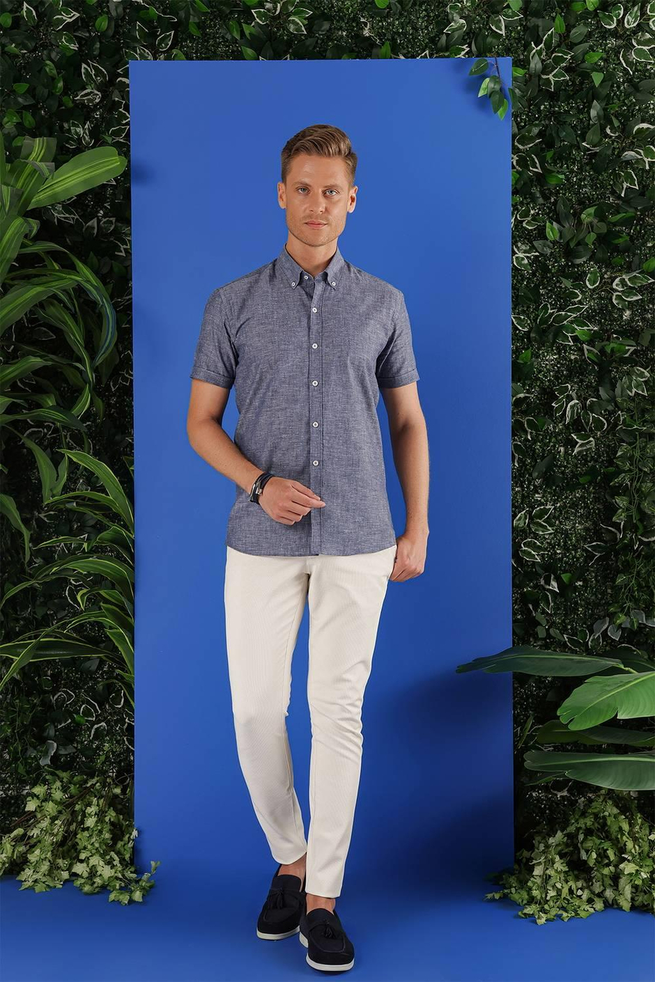 G 1556 Slim Fit İndigo Klasik Gömlek