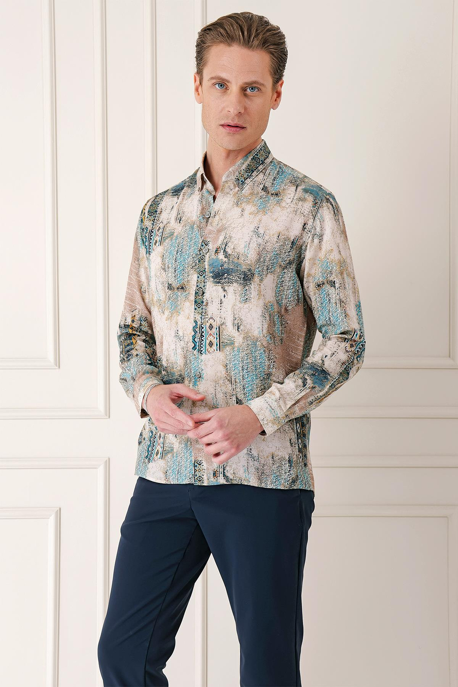 G 1566 Comfort Fit Düğmeli Yaka Batik Desenli Pamuk Mint Gömlek