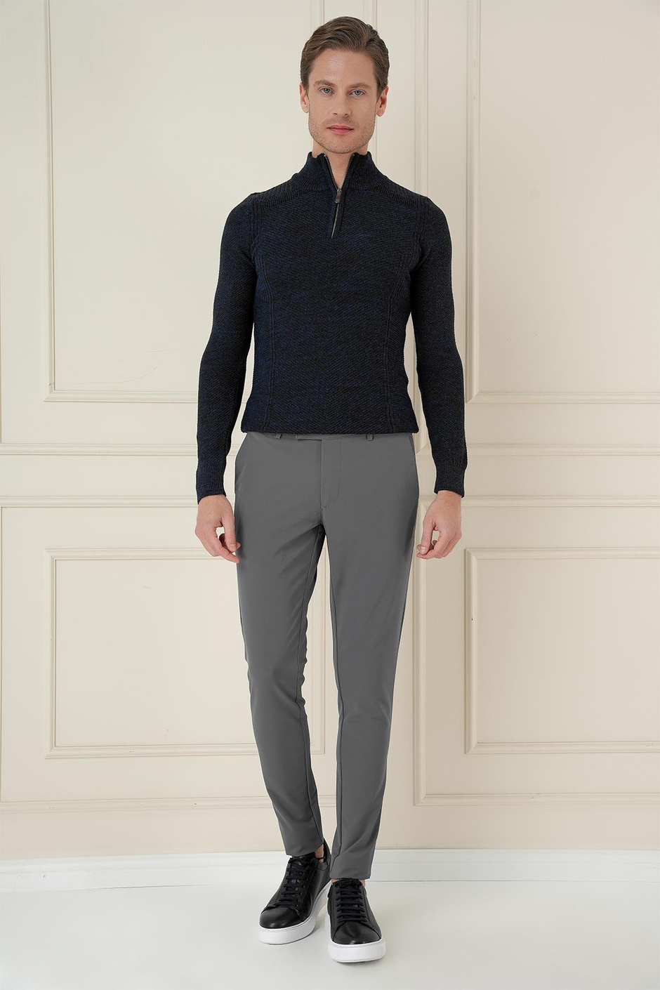 P 1144 Slim Fit Yan Cepli Düz Esnek Casuel Füme Pantolon