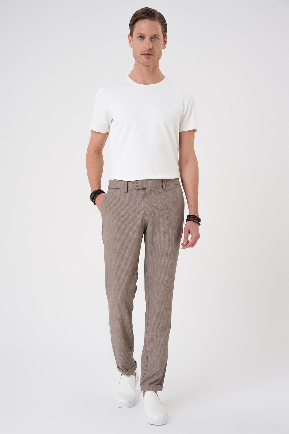 P 1177 Comfort Fit Gofre Dokulu Beli Lastikli Vizon Jogger Pantolon