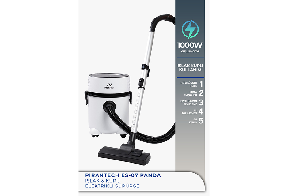 Pirantech Es-07 Panda Islak & Kuru Elektrikli Süpürge | 1000W Güçlü Motor | Hepa Filtreli