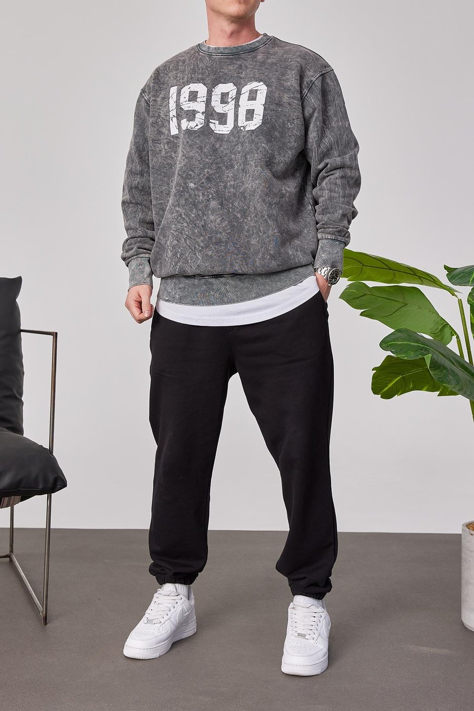 1998 Baskılı Füme Yıkamalı Sweatshirt