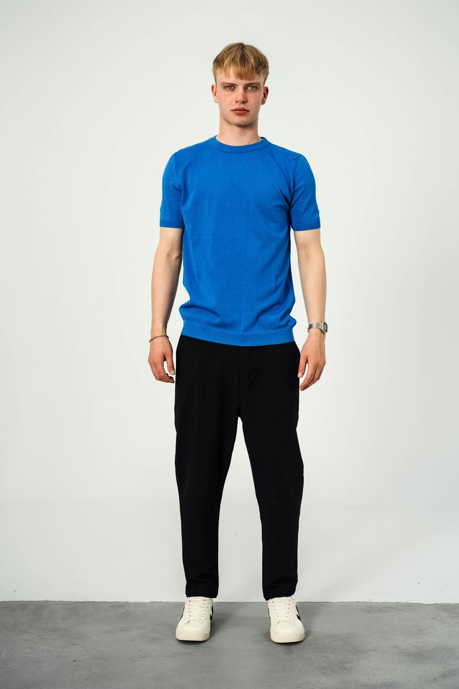 Basic Mavi Triko Kumaş Tshirt
