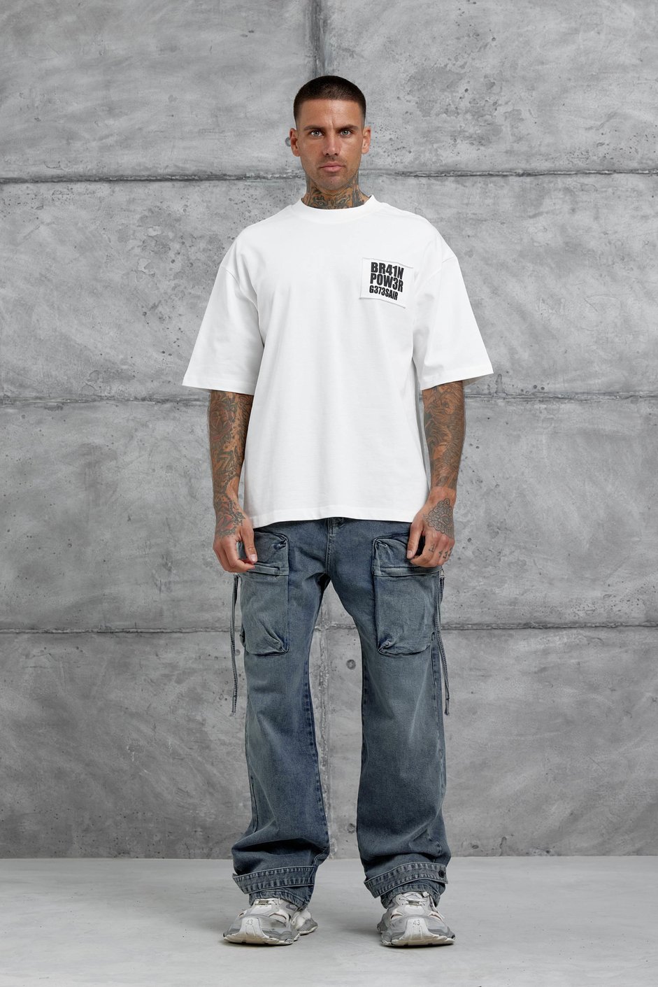 Beyaz Br41n Pow3r Yazılı Oversize Tshirt