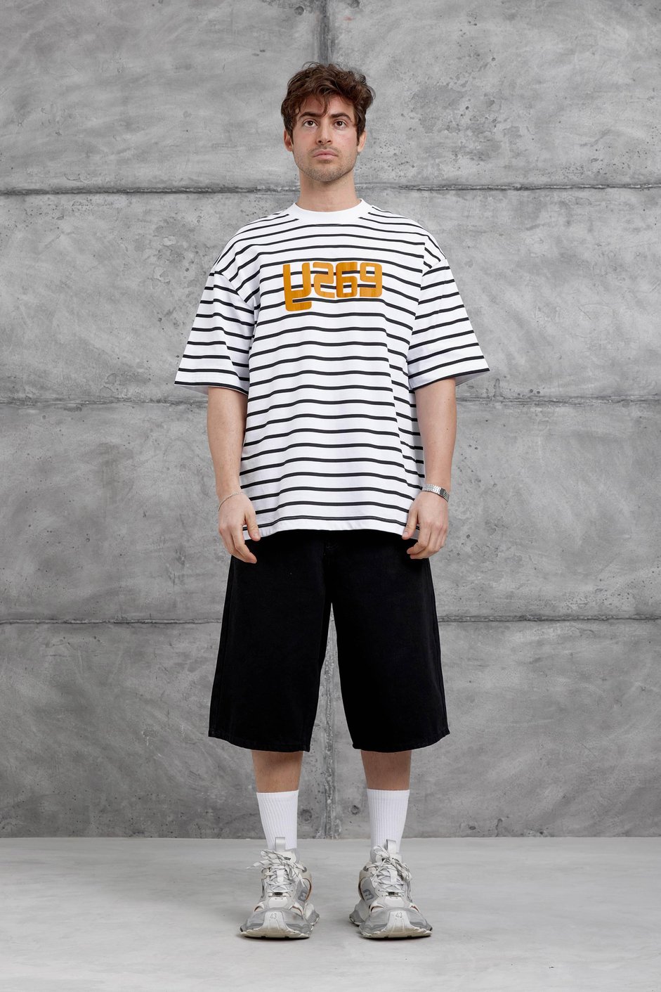 Beyaz Y269 Baskılı ve Çizgili Oversize Tshirt
