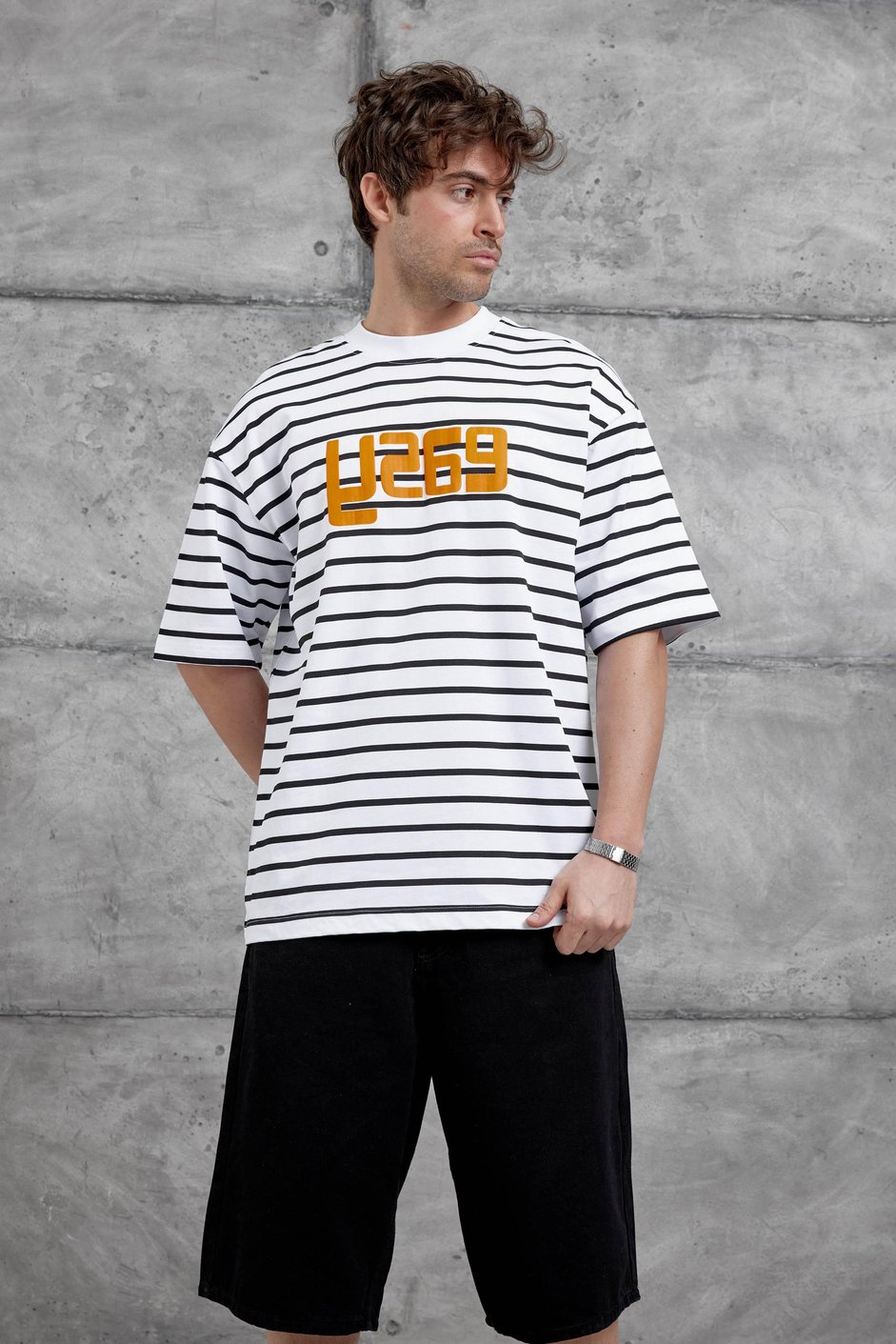 Beyaz Y269 Baskılı ve Çizgili Oversize Tshirt