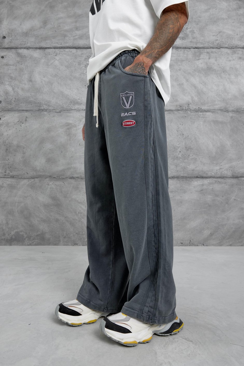 Füme Acs Street Yazılı Yıkamalı Baggy Eşofman Altı