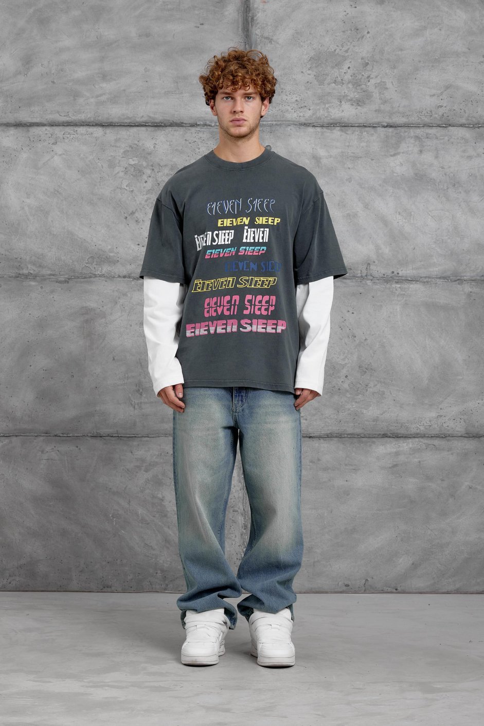 Füme Eleven Sleep Baskılı Parça Kollu Yıkamalı Oversize Sweatshirt