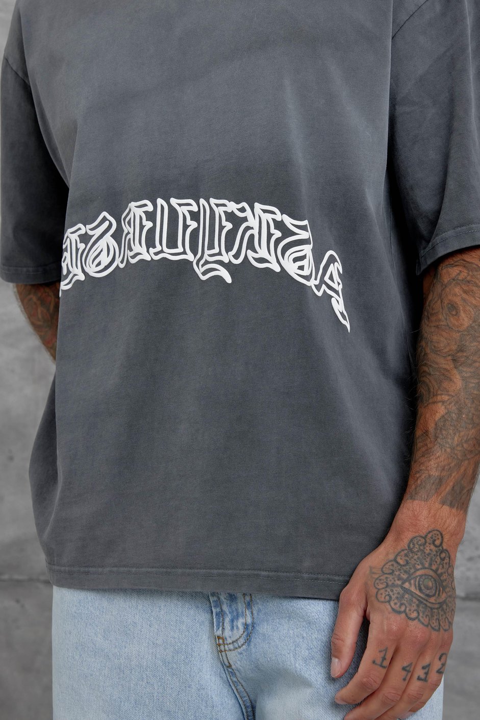 Füme İşaretli Yazı Baskılı Yıkamalı Oversize Tshirt