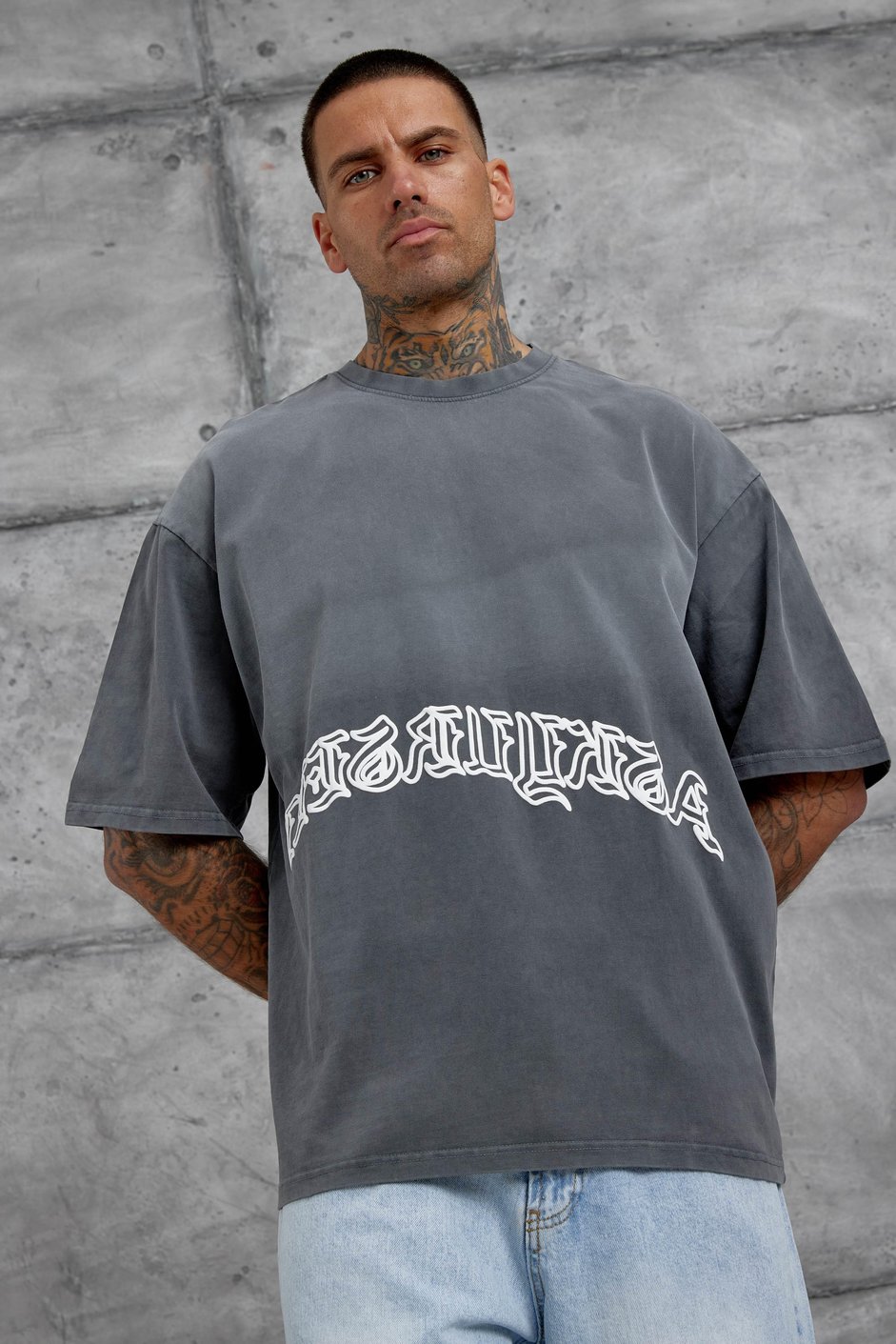 Füme İşaretli Yazı Baskılı Yıkamalı Oversize Tshirt
