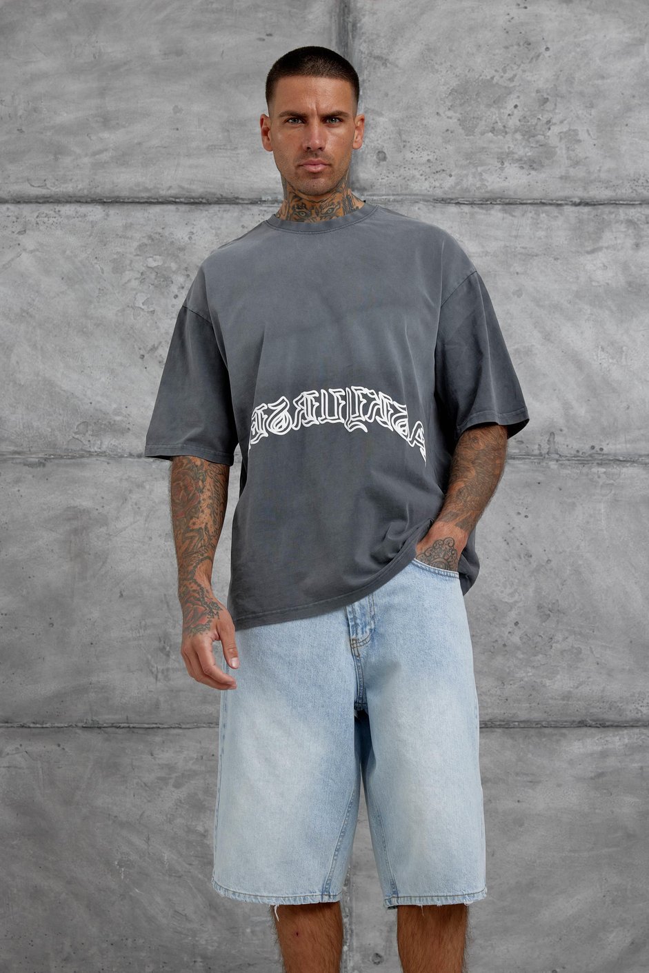 Füme İşaretli Yazı Baskılı Yıkamalı Oversize Tshirt