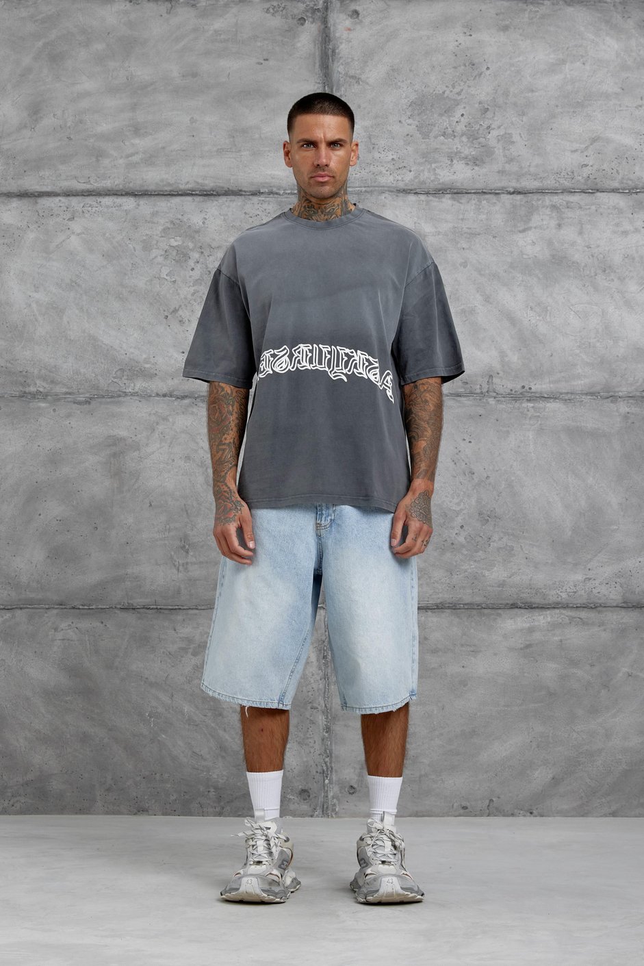Füme İşaretli Yazı Baskılı Yıkamalı Oversize Tshirt