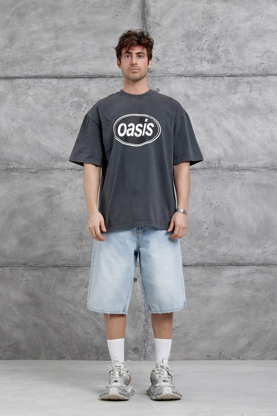 Füme Oasis Yazılı Yıkamalı Oversize Tshirt