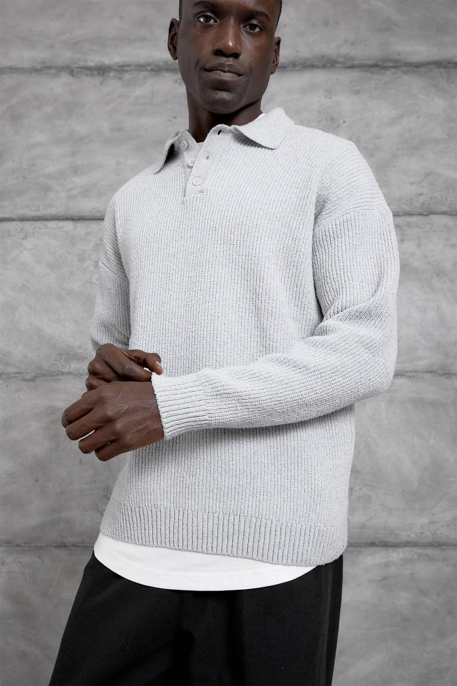Gri DÜĞMELİ POLO YAKA TRİKO SWEATSHIRT