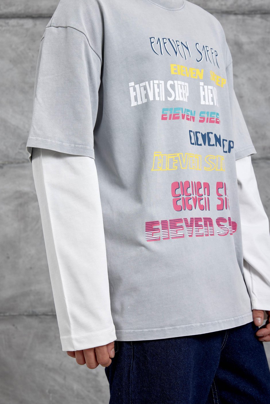Gri Eleven Sleep Baskılı Parça Kollu Yıkamalı Oversize Sweatshirt