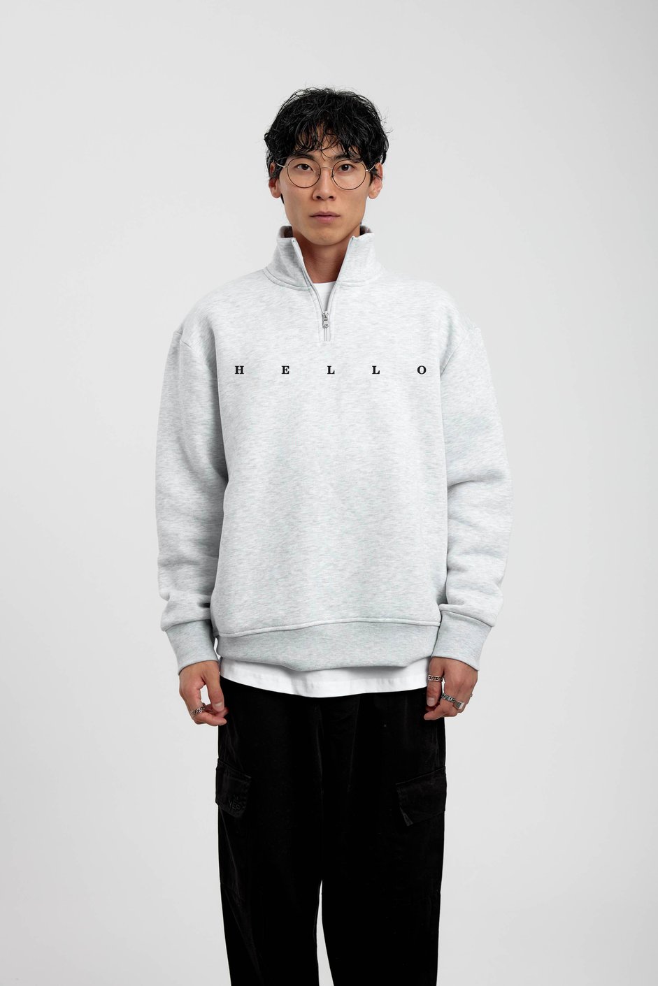 Gri Hello Yazılı Yarım Fermuarlı Sweatshirt