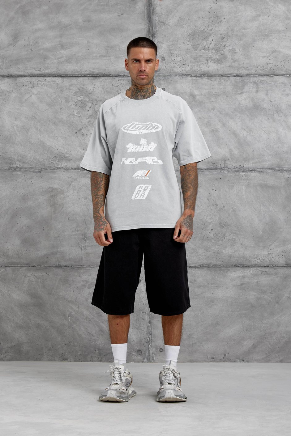 Gri Lesschen Baskılı Yıkamalı Oversize Tshirt