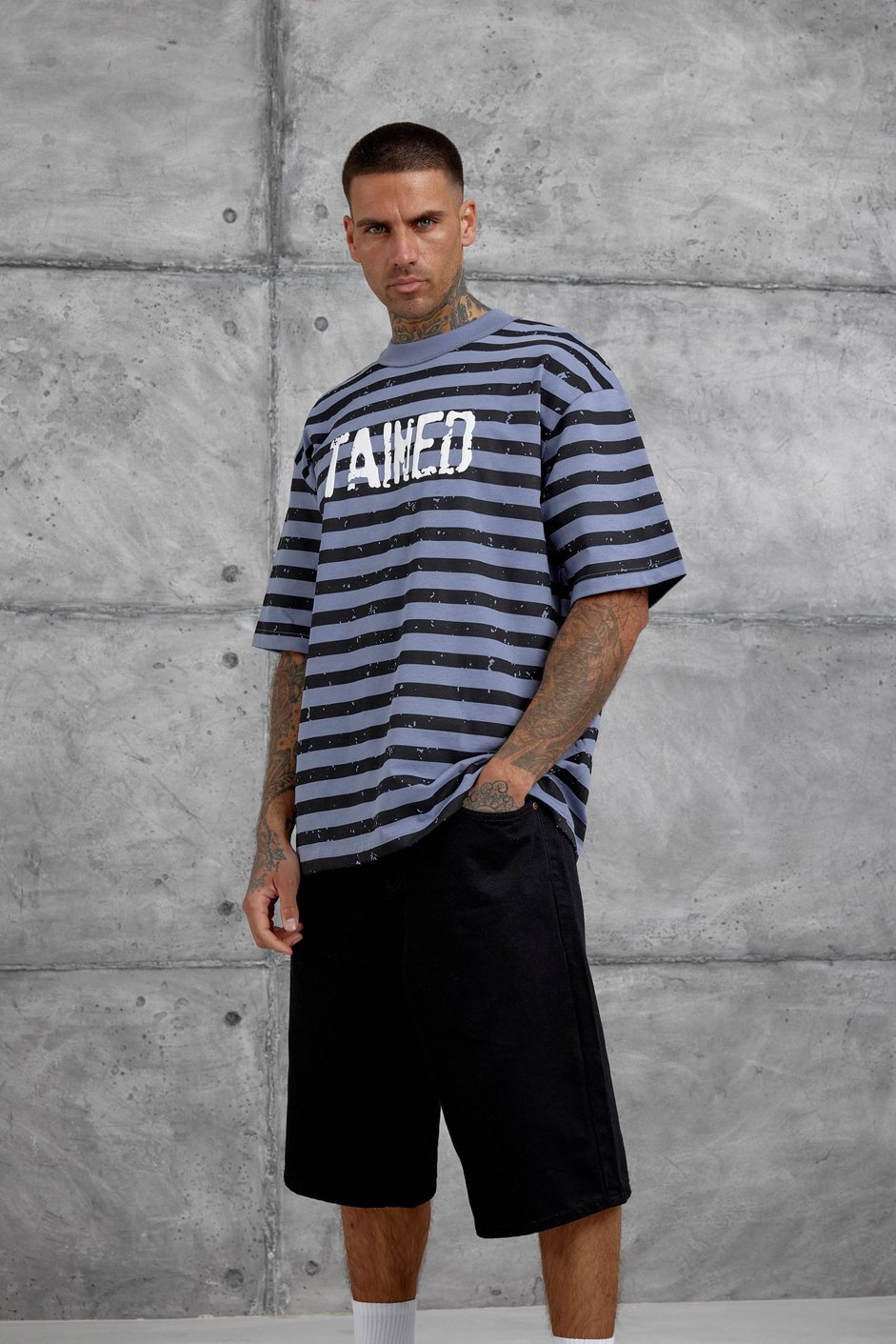 Gri Tained Baskılı Oversize Tshirt