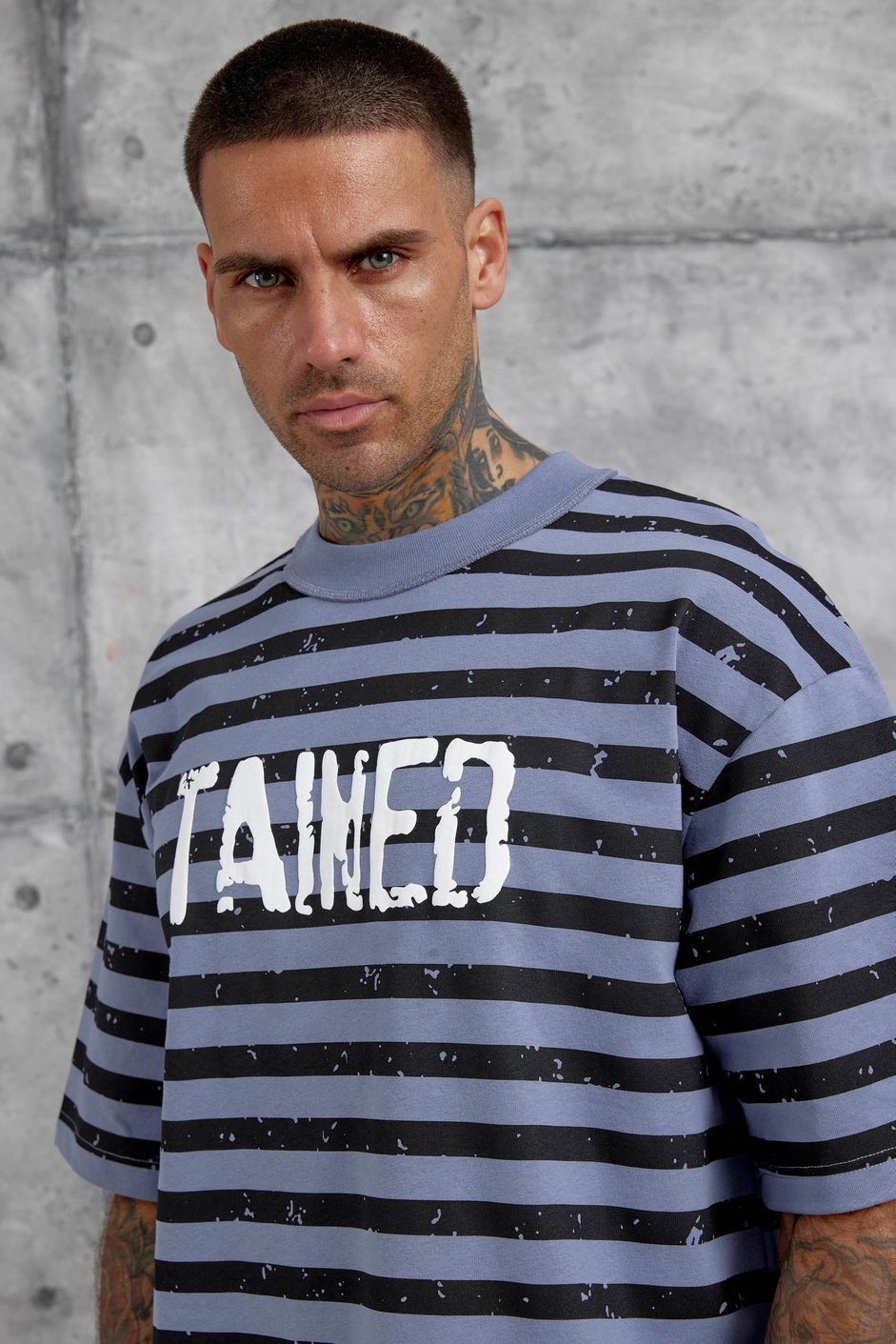 Gri Tained Baskılı Oversize Tshirt