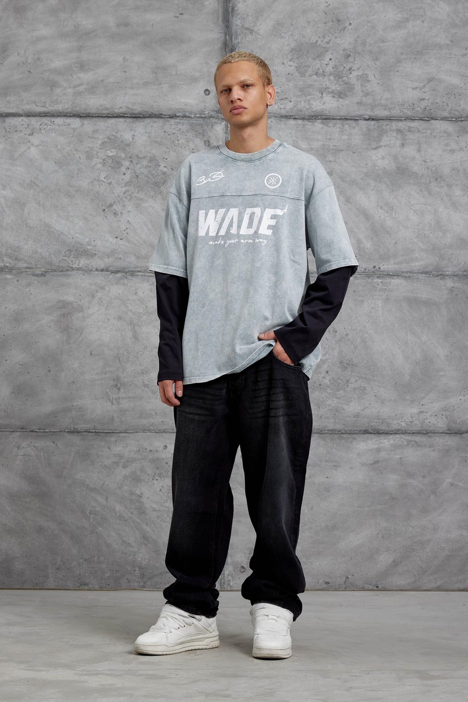 Gri Wade Baskılı Yıkamalı Parça Kollu Oversize Sweatshirt